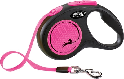 FLEXI ROLLIJN NIEUW KLASSIEK NEONBAND ZWART/ROZE S 5 MTR TOT 15 KG
